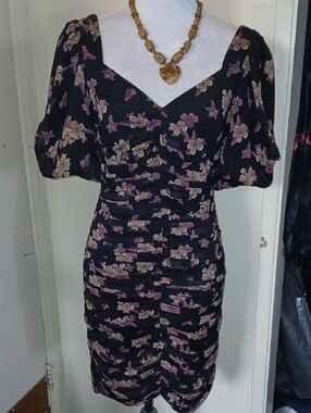 Black Floral Ruched Midi Dress with Puff Sleeves And Gold Pinstripping